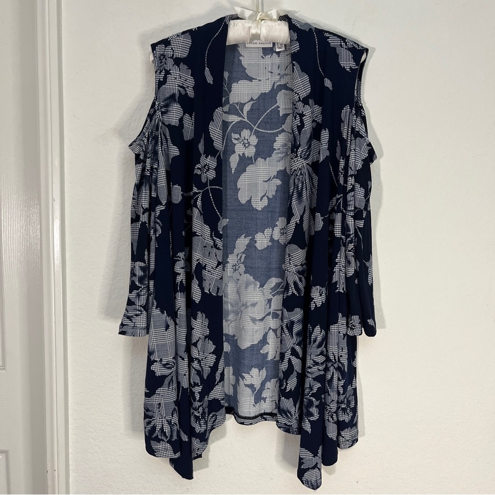 Susan Graver Blue Cardigan Navy Plaid Floral Cold Shoulder Flowy QVC Plus Sz 1X - Picture 3 of 10